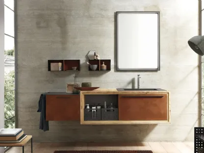 Mobile da Bagno sospeso in laccato metallo Corten e Abete Wood 04 di Archeda