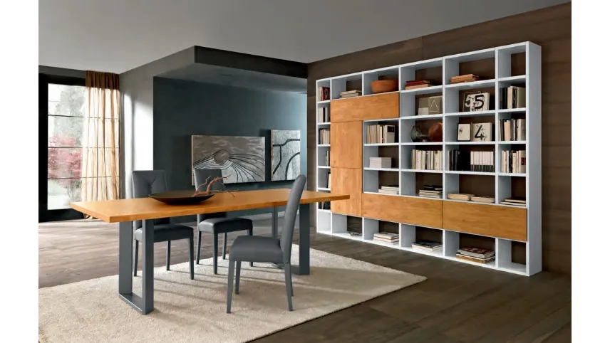 Libreria a muro Mixer CM60 in laccato bianco opaco e legno di FGF Mobili