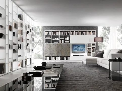 Libreria a muro in melaminico effetto marmo e laccato bianco opaco Pari&Dispari 02 di Presotto