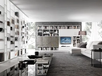 Libreria a muro in melaminico effetto marmo e laccato bianco opaco Pari&Dispari 02 di Presotto
