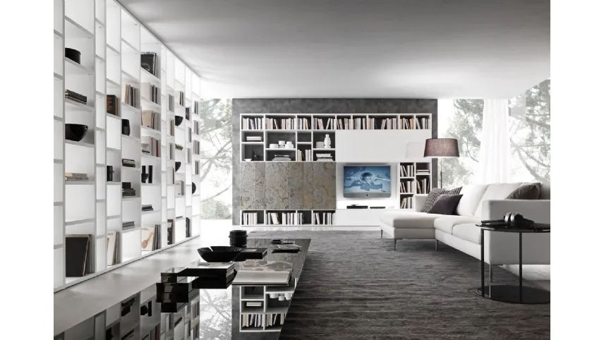 Libreria a muro in melaminico effetto marmo e laccato bianco opaco Pari&Dispari 02 di Presotto