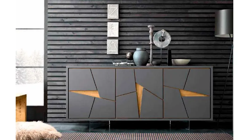 Madia in laccato Antracite a 3 ante sfaccettate con intarsi in legno Special di FGF Mobili