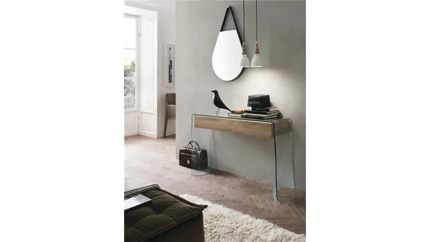 Mobile ingresso consolle Escape in vetro con cassetti in laminato effetto legno di Target Point