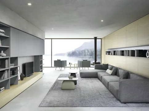 Parete Attrezzata Boiserie 05 in laccato opaco e legno impiallacciato Rovere Chiaro di Novamobili