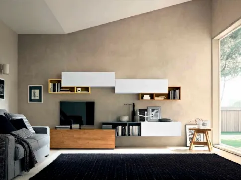 Parete Attrezzata Box C63B in laccato bianco opaco e legno di FGF Mobili