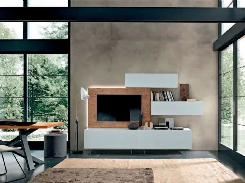 Parete Attrezzata Box C81B in laccato bianco e legno con piedi trasparenti di FGF Mobili