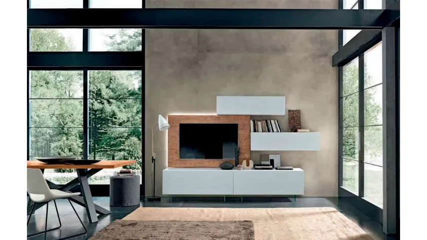 Parete Attrezzata Box C81B in laccato bianco e legno con piedi trasparenti di FGF Mobili