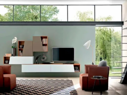 Parete Attrezzata sospesa Box C95B in finitura materica e legno di FGF Mobili