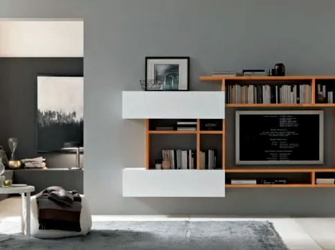 Parete Attrezzata sospesa Mixer CM56 in legno e laccato bianco opaco di FGF Mobili