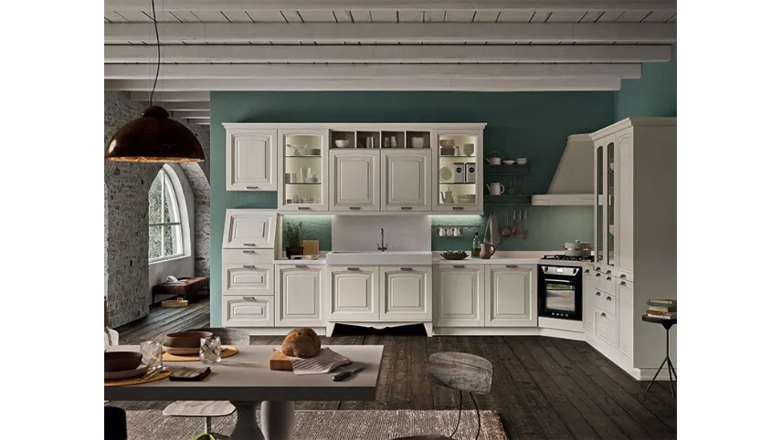 Cucina ad angolo con cappa a vista in legno chiaro Kreola Astra