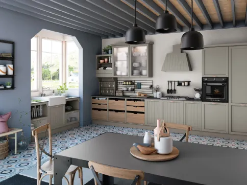 Cucina Classica angolare Contempo in Frassino Argilla e laccato opaco Argilla con cestoni in massello di Frassino di Creo