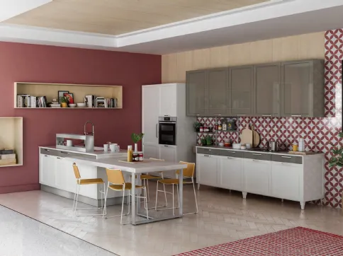 Cucina Classica Contempo con isola in laccato lucido Bianco e Grigio Piombo Creo