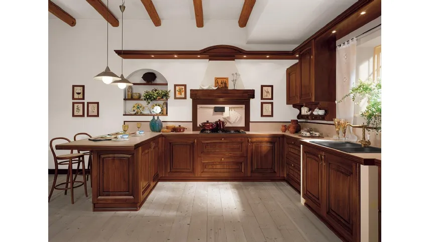 Cucina Classica angolare con penisola Ducale 05 in legno di Noce massello di Astra