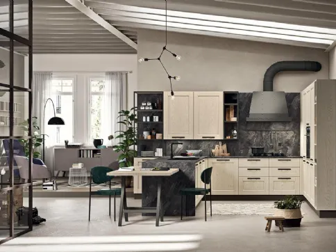 Cucina Classica angolare Epoca 04 in Frassino Panna Fiorentino e laminato effetto Marmo di Astra