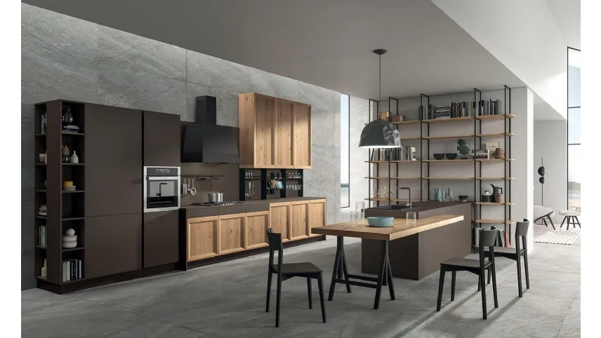 Cucina Design con isola Atelier 01 in legno di Rovere nodato e laccato opaco Cacao di Astra