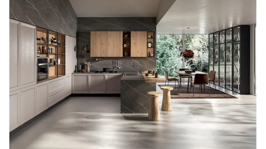 Cucina Design angolare Atelier 04 + Brio in Frassino laccato decapè Ecru e Rovere Nodato Naturale di Astra
