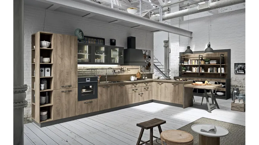 Cucina Design angolare con penisola Industrial Kitchen 01 in laminato finitura effetto legno Wild Dakota di Astra