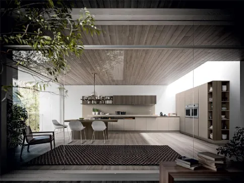 Cucina Design lineare XXL 05 in laccato opaco Creta e Laminato termostrutturato Eucalypto di Astra