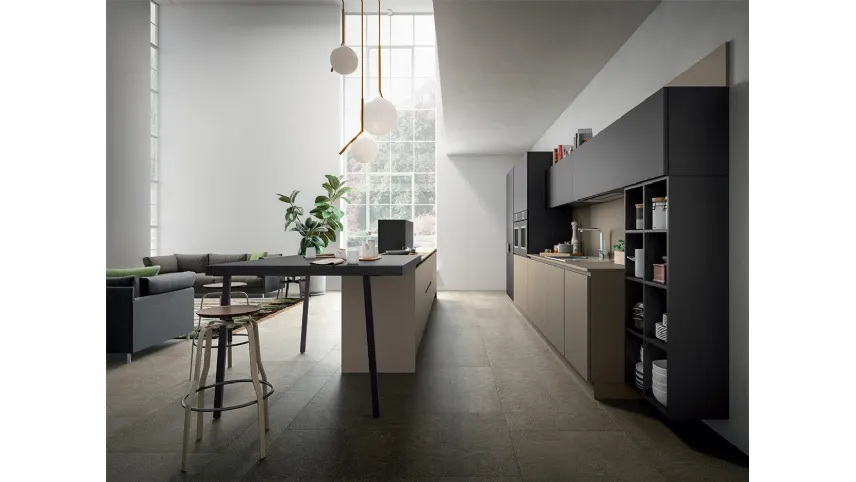 Cucina Design con isola XXL 07 in laccato opaco Ottawa e laminato Fenix Castoro di Astra