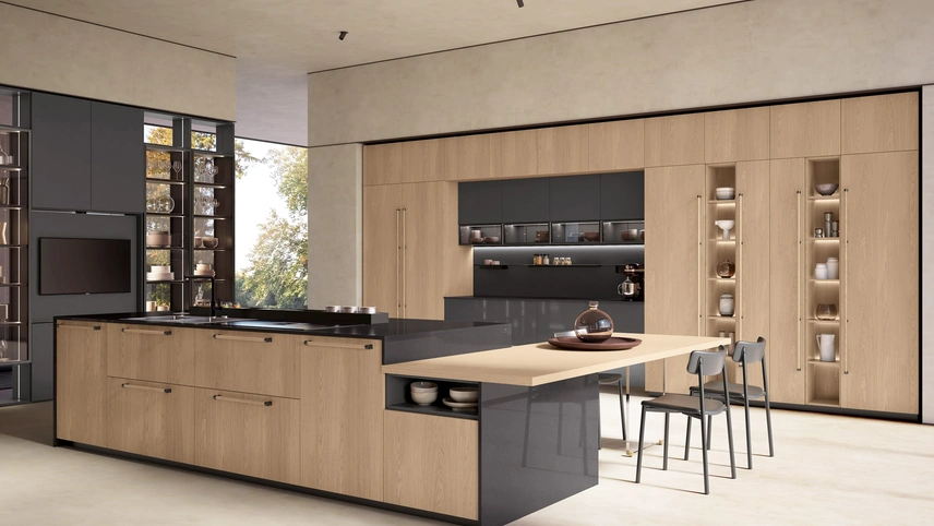 Cucina Moderna con isola Brera 05 in Rovere e laccato lucido di Lube