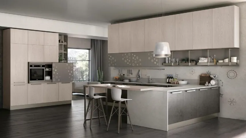 Cucina moderna con penisola in Rovere e laccato Clover 11 di Lube