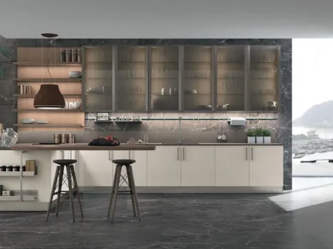 Cucina Moderna con penisola in laccato opaco e Rovere Clover 10 di Lube