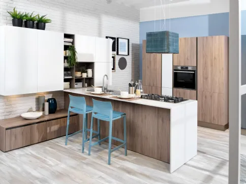Cucina Moderna Ank finitura Rovere Corteccia e laccato Bianco opaco di Creo