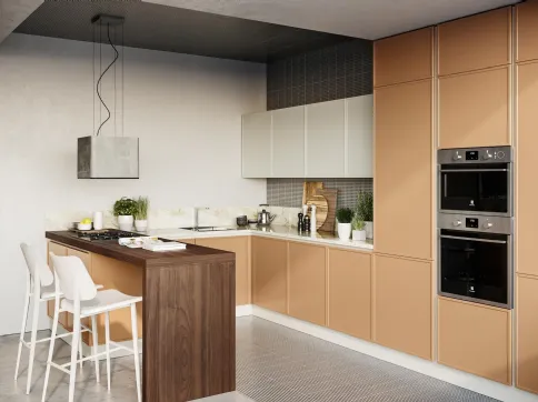 Cucina Moderna angolare con penisola Rewind in laccato opaco Cannella di Creo