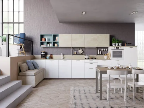 Cucina Moderna Tablet Wood lineare in Rovere Bianco e melaminico effetto marmo di Creo
