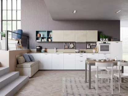 Cucina Moderna Tablet Wood lineare in Rovere Bianco e melaminico effetto marmo di Creo