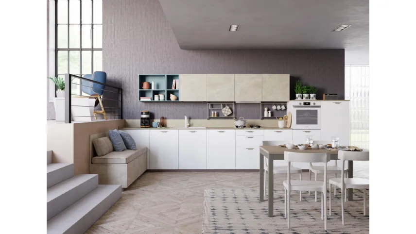 Cucina Moderna Tablet Wood lineare in Rovere Bianco e melaminico effetto marmo di Creo