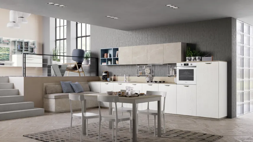 Cucina Moderna Tablet Wood lineare in Rovere Bianco e melaminico effetto marmo di Creo