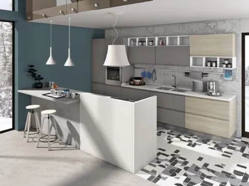 Cucina Moderna con penisola Jey Feel 10 in melaminico Grigio Antracite e Rovere Diamond di Creo