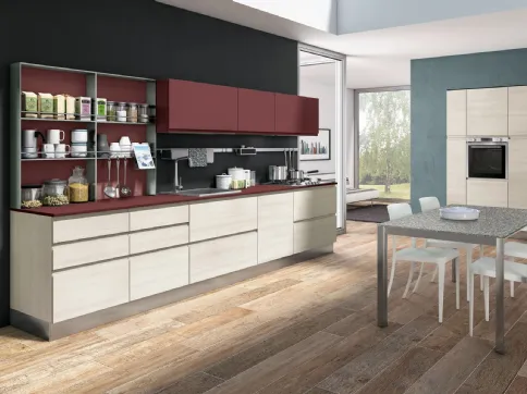 Cucina Moderna ad angolo Jey Feel 11 finitura Rovere Diamond e Rosso Cardinale di Creo