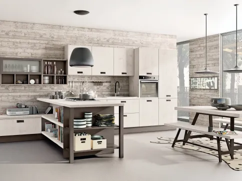 Cucina Moderna con penisola Kyra 05 in melaminico Abete Nordico Bianco di Creo