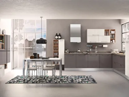 Cucina Moderna angolare Kyra in laccato lucido Fango e melaminico Abete Nordico Bianco di Creo