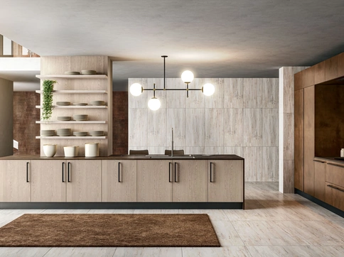 Cucina Moderna in rovere e metallo liquido ossidato rame con penisola Clover Design 05 di Lube