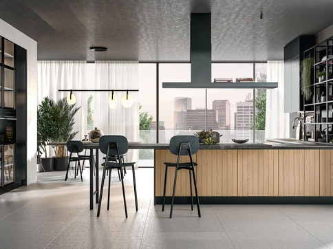 Cucina Moderna con penisola Clover Design 06 in rovere e laccato effetto metallo di Lube