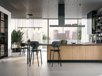 Cucina Moderna con penisola Clover Design 06 in rovere e laccato effetto metallo di Lube