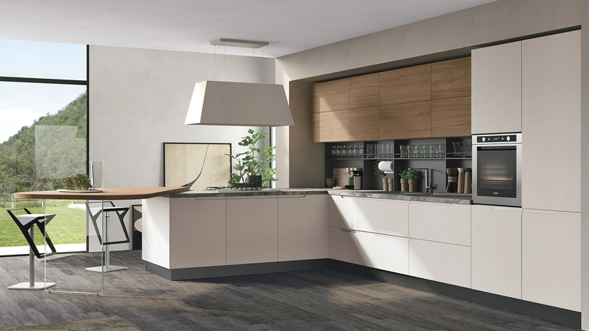 Cucina Moderna con penisola Luna 01 in laccato e Noce canaletto di Lube