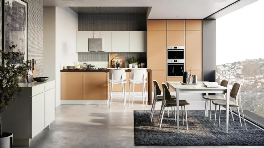 Cucina Moderna Rewind in laccato Cannella con penisola di Creo