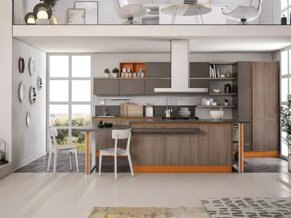 Cucina Moderna con isola Rewind finitura Frassino Creta e laccato opaco Cuoio di Creo
