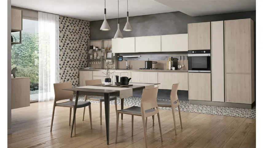 Cucina Moderna lineare Rewind 06 finitura Pine Cipria e laccato opaco Polvere di Creo