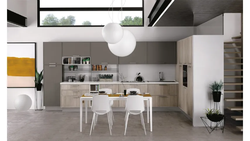 Cucina Moderna angolare Rewind 08 finitura Rovere gessato e laccato opaco Grigio Piombo di Creo