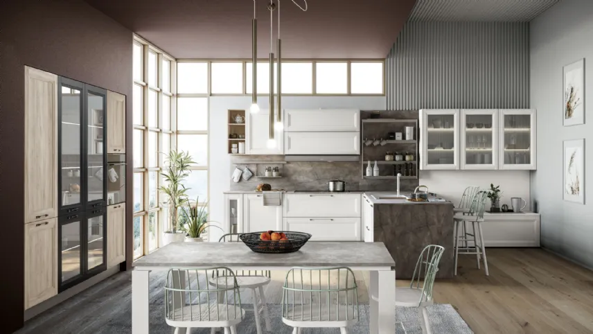 Cucina Moderna Smart con penisola finitura Gesso Supermatt di Creo
