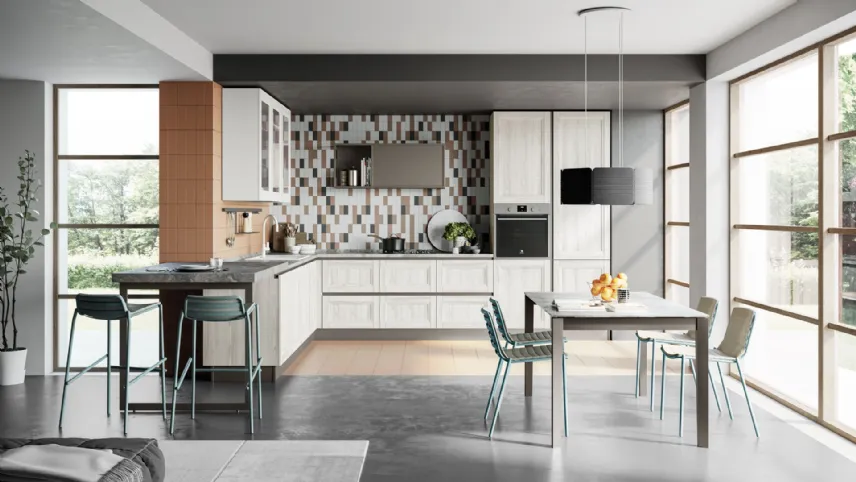 Cucina Moderna con penisola Smart finitura Frassino Bianco Alpino e Pet Gesso Supermatt di Creo