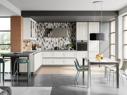 Cucina Moderna angolare con penisola Smart finitura Frassino Bianco Alpino e Pet Gesso Supermatt di Creo