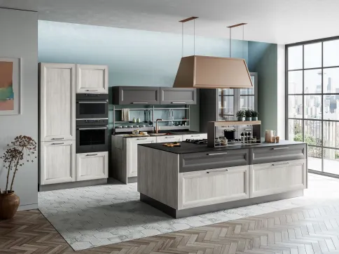 Cucina Moderna Smart con isola finitura Rovere Greige e Pet Carbone Supermatt di Creo