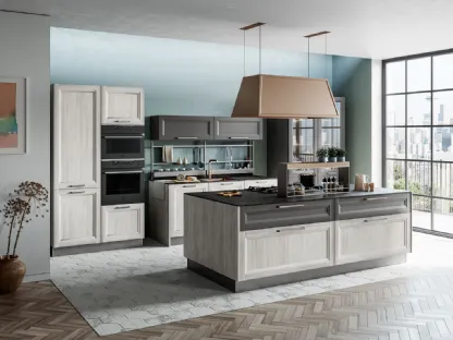 Cucina Moderna Smart con isola finitura Rovere Greige e Pet Carbone Supermatt di Creo