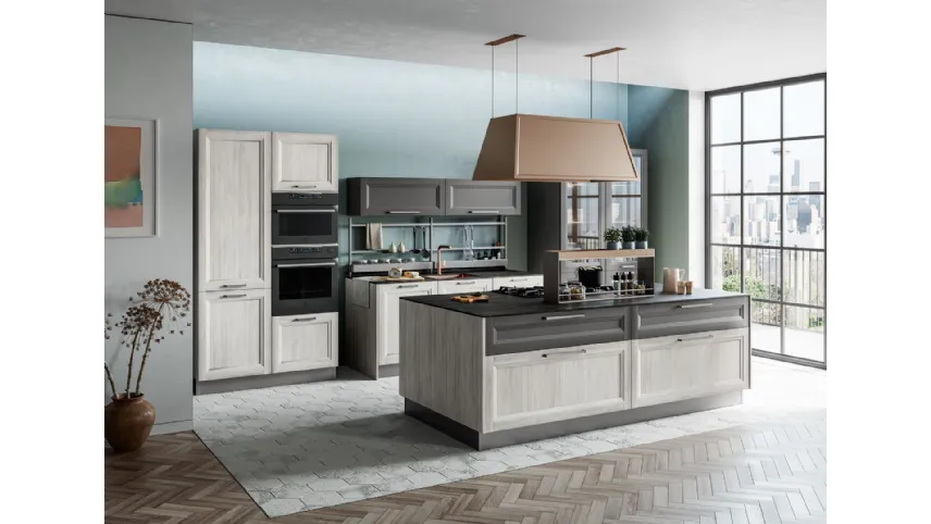 Cucina Moderna Smart con isola finitura Rovere Greige e Pet Carbone Supermatt di Creo
